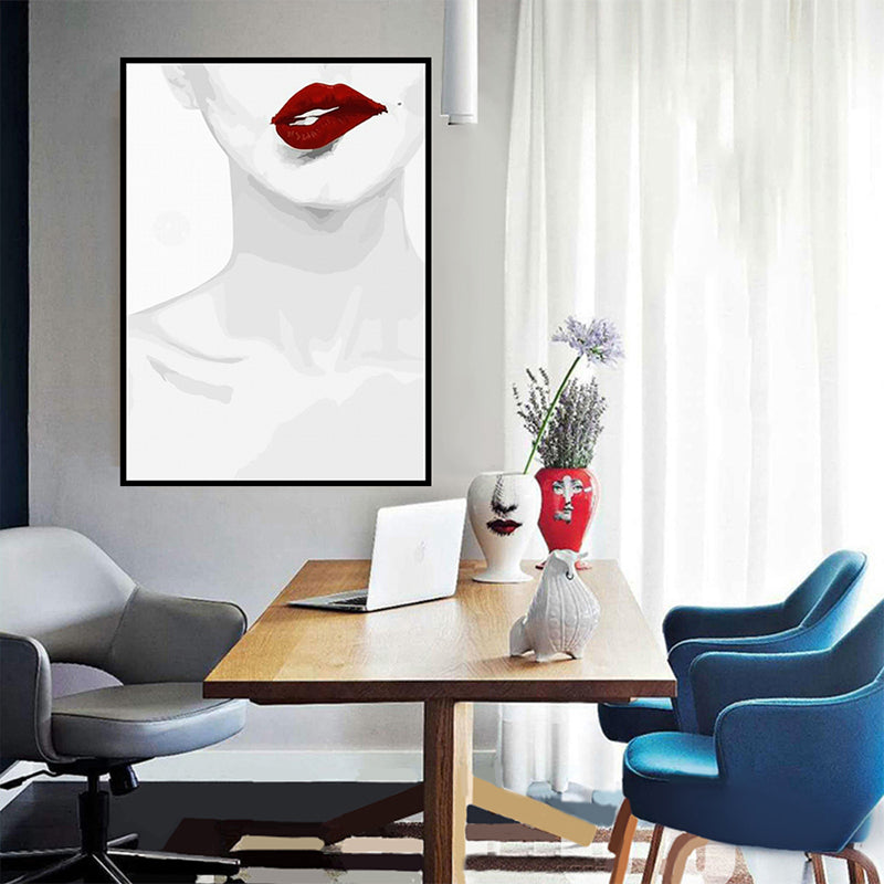 Arte de la pared de lienzo de moda Minimalista Sexy Woman Neck Bone y Red Lip Wall Decor in White