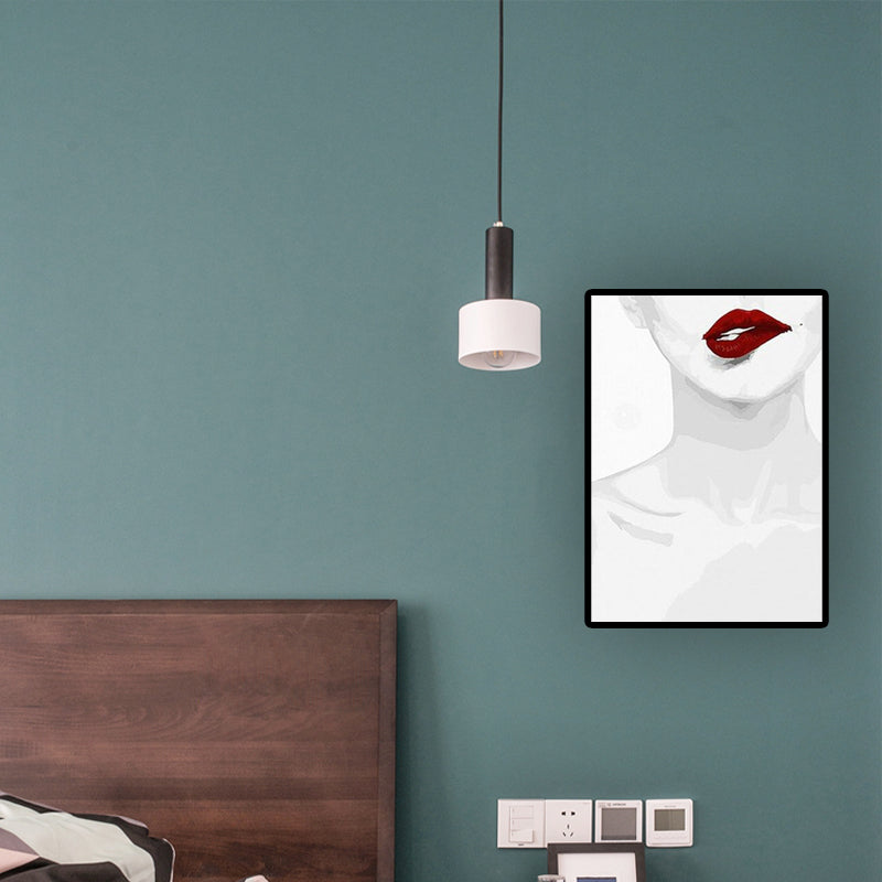 Mode canvas muur kunst minimalistisch sexy vrouw nek bot en rood lip wanddecor in het wit