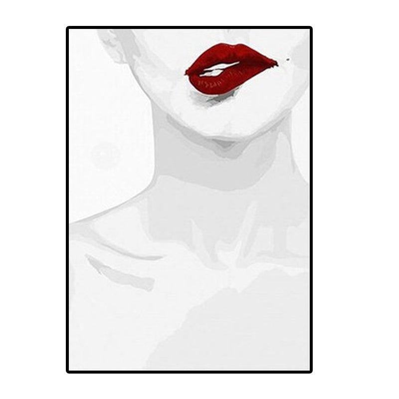 Fashion Canvas Wall Art Minimalist Sexy Woman Neck Bone and Red Lip Wall Decor in White