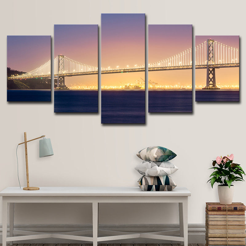 Sea Bridge Night View Canvas Art Orange and Purple Contemporary Wall Decor for Home Orange Clearhalo 'Arts' 'Canvas Art' 1616373