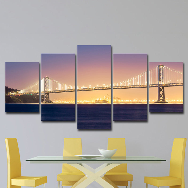 Sea Bridge Night View Canvas Art Orange and Purple Contemporary Wall Decor for Home Clearhalo 'Arts' 'Canvas Art' 1616374