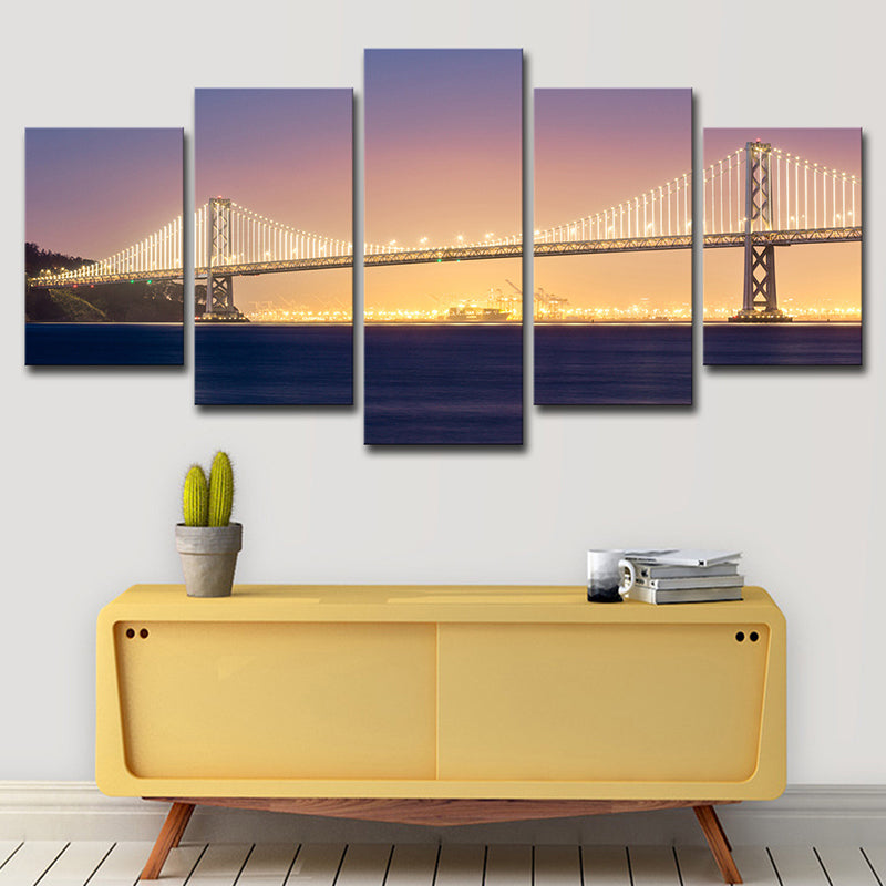 Sea Bridge Night View Canvas Art Orange and Purple Contemporary Wall Decor for Home Clearhalo 'Arts' 'Canvas Art' 1616375