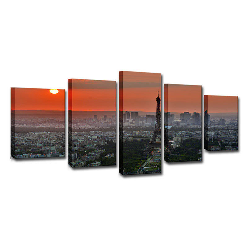 Canvas Multi-Piece Art Print Modern Sunset Aerial View of Eiffel Tower Wall Decoration