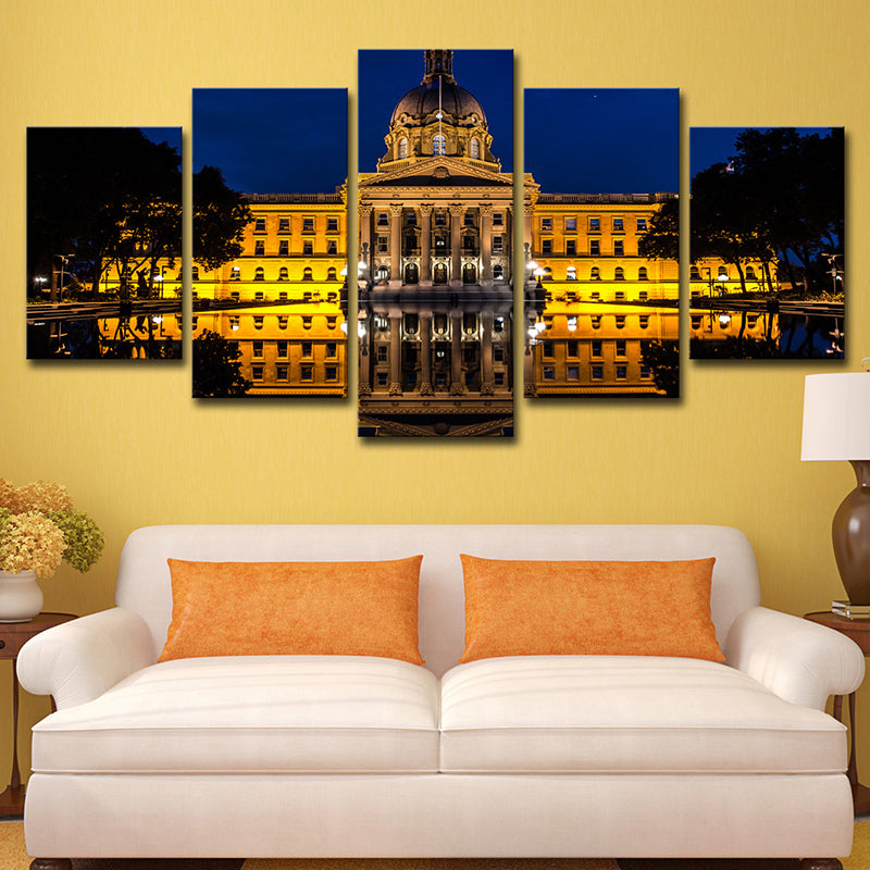 Landmark Wall Art Modern Beautiful Alberta Edmonton House at Night Canvas in Yellow - Yellow - Clearhalo - 'Arts' - 'Canvas Art' - 1616401