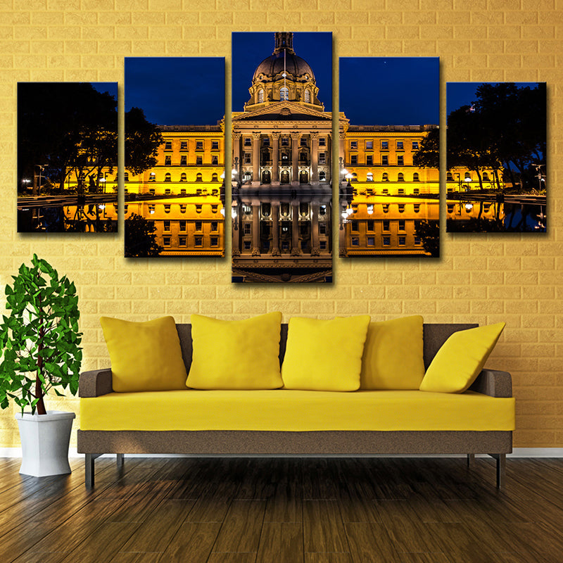 Landmark Wall Art Modern Beautiful Alberta Edmonton House at Night Canvas in Yellow - Clearhalo - 'Arts' - 'Canvas Art' - 1616403