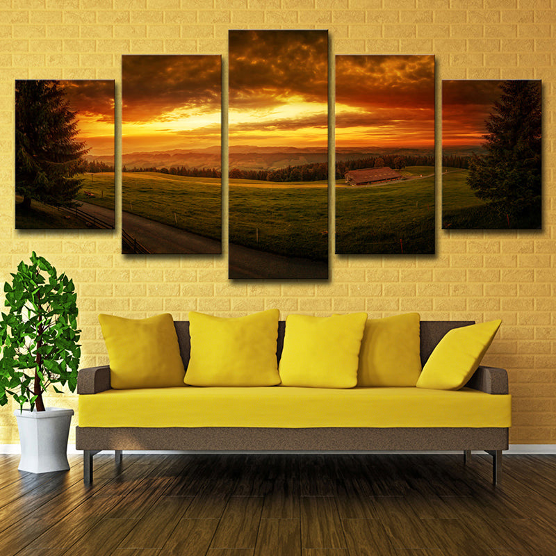 Sundown Farmland Scenery Wall Art Yellow Modernist Canvas Print for Sitting Room Yellow Clearhalo 'Art Gallery' 'Canvas Art' 'Contemporary Art Gallery' 'Modern' Arts' 1616443