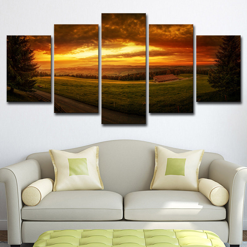 Sundown Farmland Scenery Wall Art Yellow Modernist Canvas Print for Sitting Room Clearhalo 'Art Gallery' 'Canvas Art' 'Contemporary Art Gallery' 'Modern' Arts' 1616445