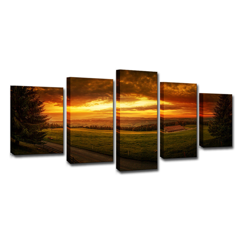 Sundown Farmland Scenery Wall Art Yellow Modernist Canvas Print for Sitting Room Clearhalo 'Art Gallery' 'Canvas Art' 'Contemporary Art Gallery' 'Modern' Arts' 1616446