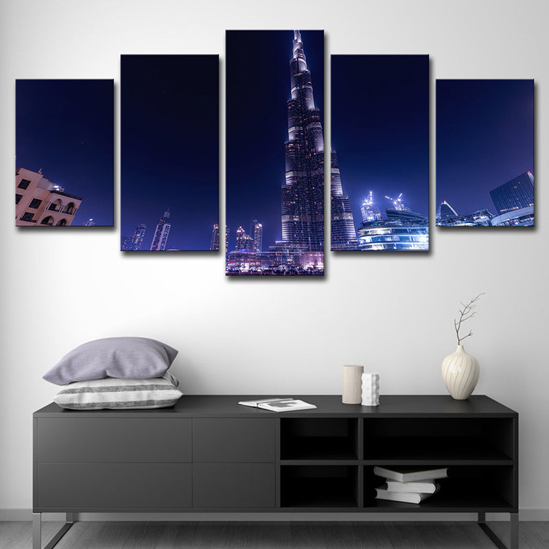Global Inspired Wall Art Decor Blue Dubai Burj Khalifa at Night Canvas Print for Home Blue Clearhalo 'Art Gallery' 'Canvas Art' 'Contemporary Art Gallery' 'Modern' Arts' 1616471