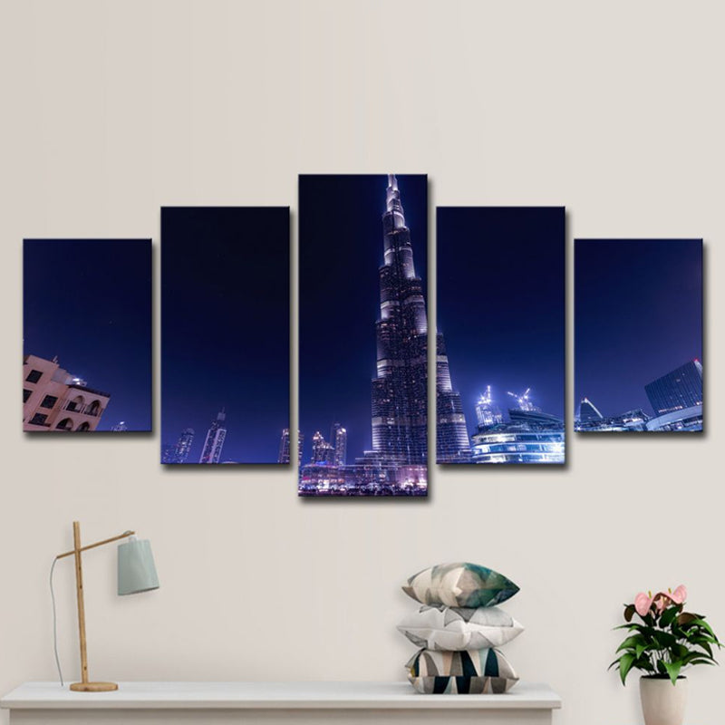 Global Inspired Wall Art Decor Blue Dubai Burj Khalifa at Night Canvas Print for Home Clearhalo 'Art Gallery' 'Canvas Art' 'Contemporary Art Gallery' 'Modern' Arts' 1616472