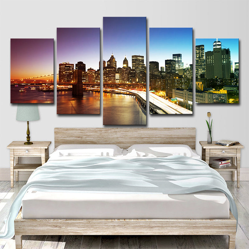 Nightfall Manhattan Bridge Canvas Print Global Inspired Enchanting Cityscape Wall Art in Grey Grey Clearhalo 'Art Gallery' 'Canvas Art' 'Contemporary Art Gallery' 'Modern' Arts' 1616720