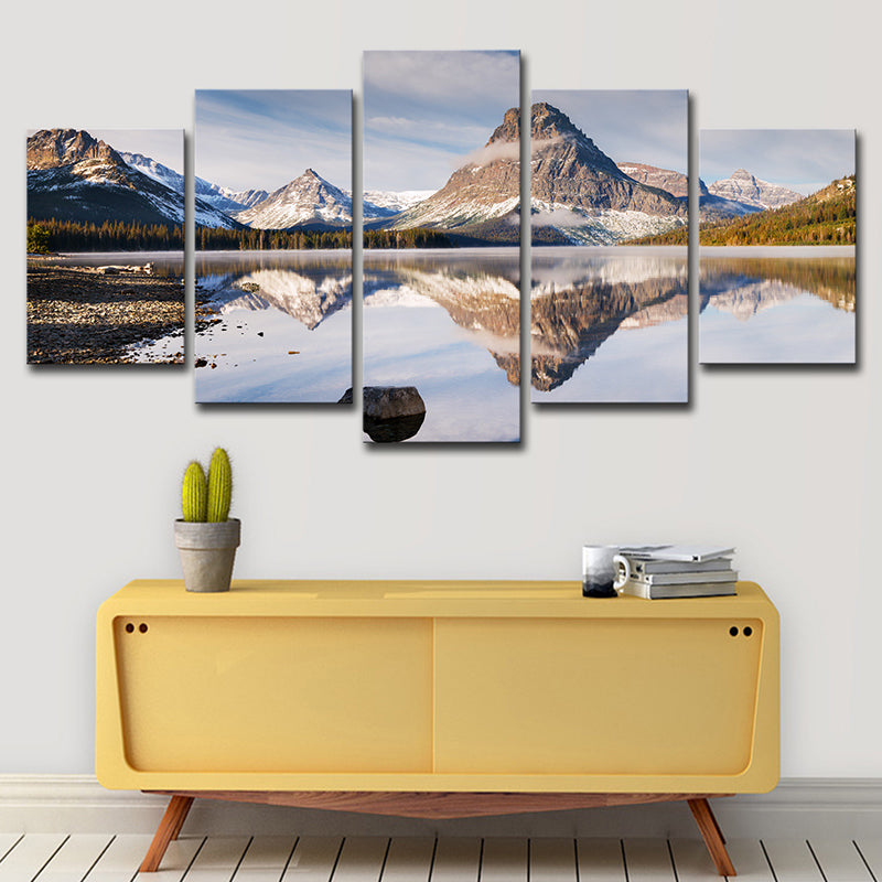 Mountain Lake Reflection Scenery Canvas Wall Art Modernism Multi-Piece Wall Decor Light Blue Clearhalo 'Art Gallery' 'Canvas Art' 'Contemporary Art Gallery' 'Modern' Arts' 1616790