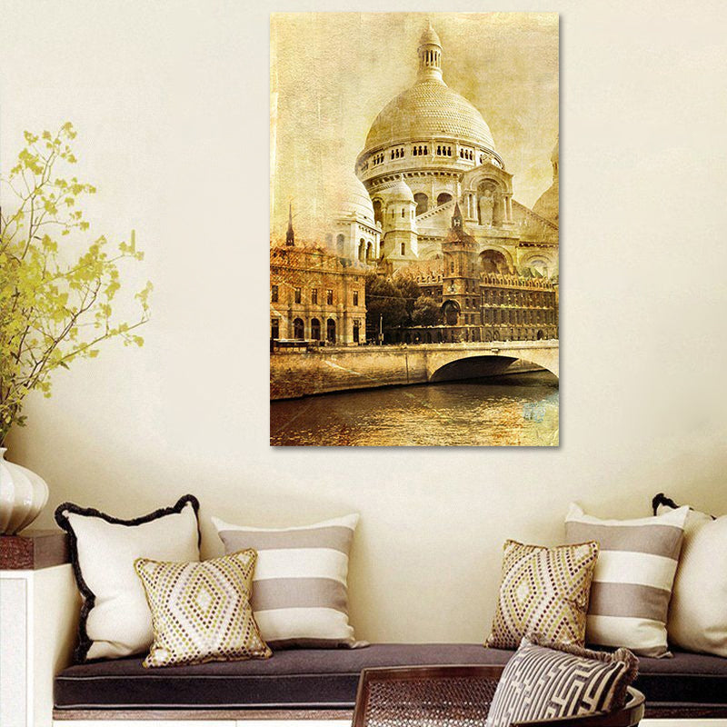 Global Inspired Castle Wall Art Brown Sitting Room Canvas, Textured Surface