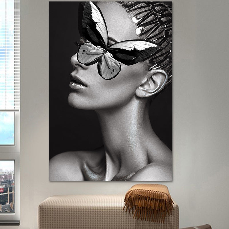 Glam Woman Figure Wall Art Dark Color Textured Surface Canvas Print for House Interior