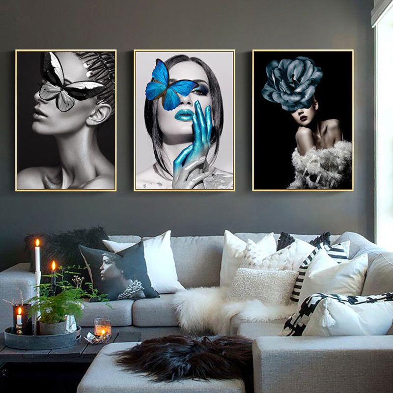 Glam woman figura wall art a colore scuro superficie testurizzata in tela stampa per interni della casa