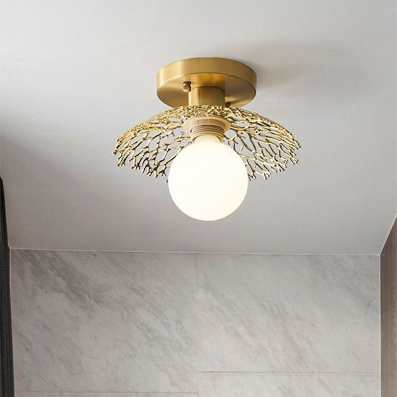 Cottage Cage Design Flush Lamp Single Head Metallic Semi Flush Ceiling Light in Brass Brass Clearhalo 'Ceiling Lights' 'Close To Ceiling Lights' 'Close to ceiling' 'Semi-flushmount' Lighting' 1616888