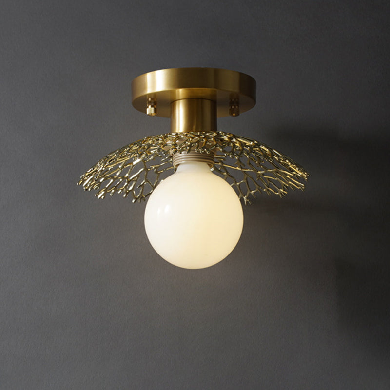 Cottage Cage Design Flush Lamp Single Head Metallic Semi Flush Ceiling Light in Brass Clearhalo 'Ceiling Lights' 'Close To Ceiling Lights' 'Close to ceiling' 'Semi-flushmount' Lighting' 1616889