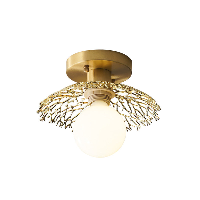 Cottage Cage Design Flush Lamp Single Head Metallic Semi Flush Ceiling Light in Brass Clearhalo 'Ceiling Lights' 'Close To Ceiling Lights' 'Close to ceiling' 'Semi-flushmount' Lighting' 1616890