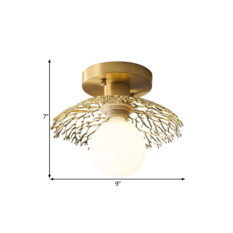 Cottage Cage Design Flush Lamp Single Head Metallic Semi Flush Ceiling Light in Brass Clearhalo 'Ceiling Lights' 'Close To Ceiling Lights' 'Close to ceiling' 'Semi-flushmount' Lighting' 1616891