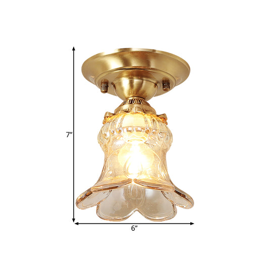 Amber Glass Brass Flush Mount Lamp Flower Single Light Retro Style Ceiling Fixture Clearhalo 'Ceiling Lights' 'Close To Ceiling Lights' 'Close to ceiling' 'Flush mount' Lighting' 1616899