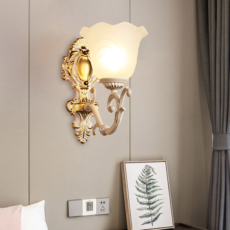 1 Light Bloom Sconce Lamp Vintage Brass/Beige Frosted Ribbed Glass Wall Mounted Lighting with Curvy Arm Beige Clearhalo 'Wall Lamps & Sconces' 'Wall Lights' Lighting' 1616900