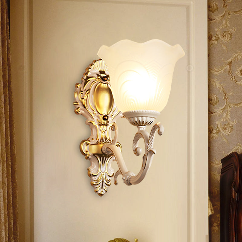 1 Light Bloom Sconce Lamp Vintage Brass/Beige Frosted Ribbed Glass Wall Mounted Lighting with Curvy Arm Clearhalo 'Wall Lamps & Sconces' 'Wall Lights' Lighting' 1616901