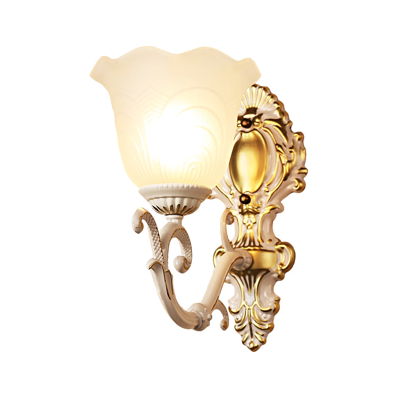1 Light Bloom Sconce Lamp Vintage Brass/Beige Frosted Ribbed Glass Wall Mounted Lighting with Curvy Arm Clearhalo 'Wall Lamps & Sconces' 'Wall Lights' Lighting' 1616902