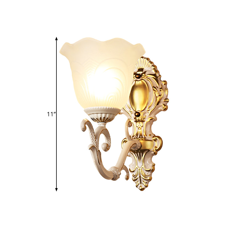 1 Light Bloom Sconce Lamp Vintage Brass/Beige Frosted Ribbed Glass Wall Mounted Lighting with Curvy Arm Clearhalo 'Wall Lamps & Sconces' 'Wall Lights' Lighting' 1616903
