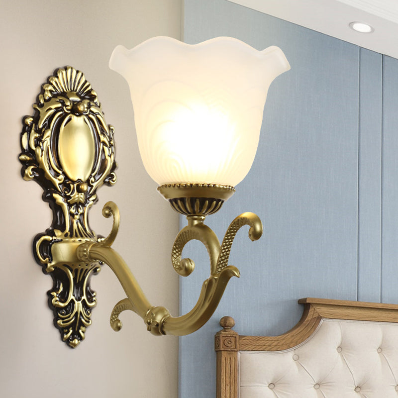 1 Light Bloom Sconce Lamp Vintage Brass/Beige Frosted Ribbed Glass Wall Mounted Lighting with Curvy Arm Brass Clearhalo 'Wall Lamps & Sconces' 'Wall Lights' Lighting' 1616904