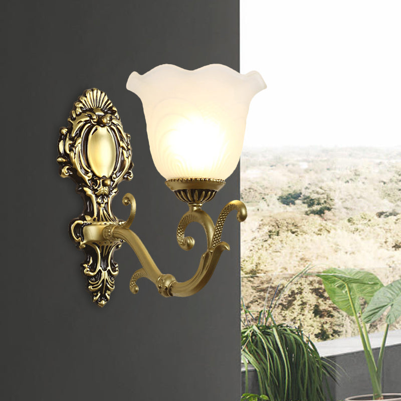 1 Light Bloom Sconce Lamp Vintage Brass/Beige Frosted Ribbed Glass Wall Mounted Lighting with Curvy Arm Clearhalo 'Wall Lamps & Sconces' 'Wall Lights' Lighting' 1616905