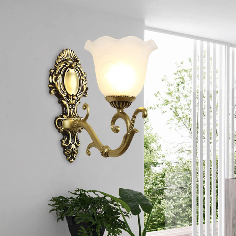 1 Light Bloom Sconce Lamp Vintage Brass/Beige Frosted Ribbed Glass Wall Mounted Lighting with Curvy Arm Clearhalo 'Wall Lamps & Sconces' 'Wall Lights' Lighting' 1616906