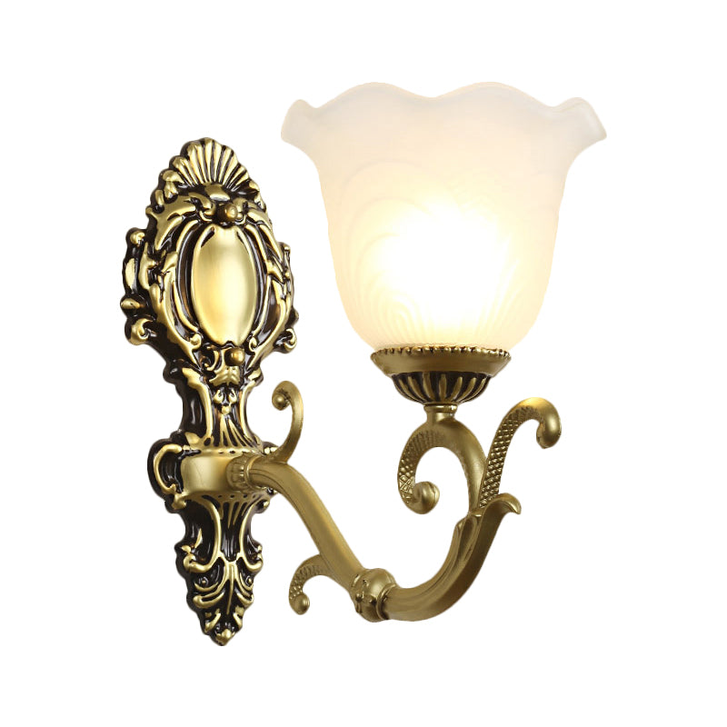 1 Light Bloom Sconce Lamp Vintage Brass/Beige Frosted Ribbed Glass Wall Mounted Lighting with Curvy Arm Clearhalo 'Wall Lamps & Sconces' 'Wall Lights' Lighting' 1616907