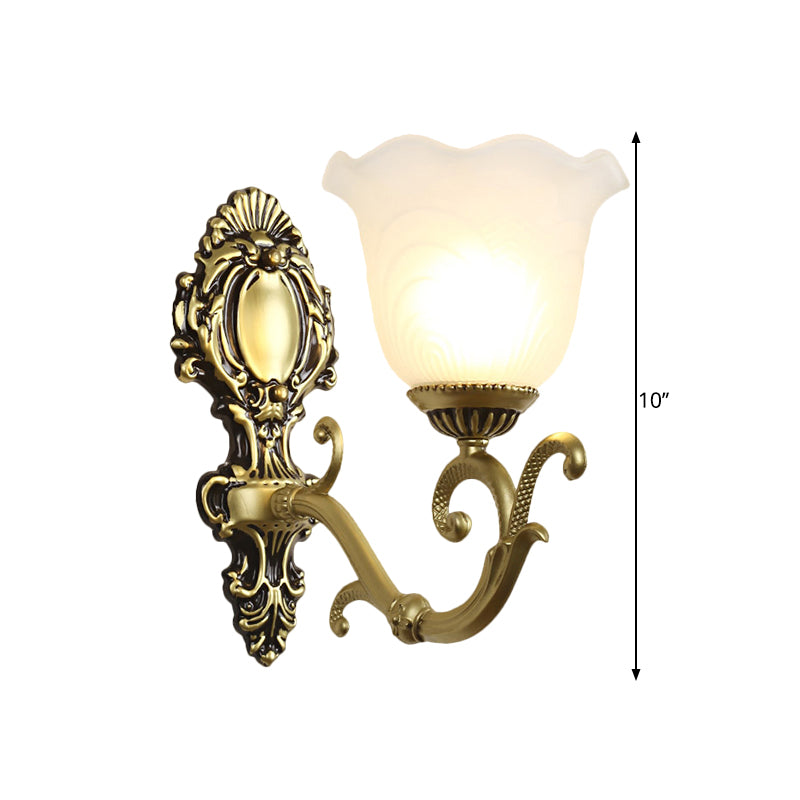 1 Light Bloom Sconce Lamp Vintage Brass/Beige Frosted Ribbed Glass Wall Mounted Lighting with Curvy Arm Clearhalo 'Wall Lamps & Sconces' 'Wall Lights' Lighting' 1616908