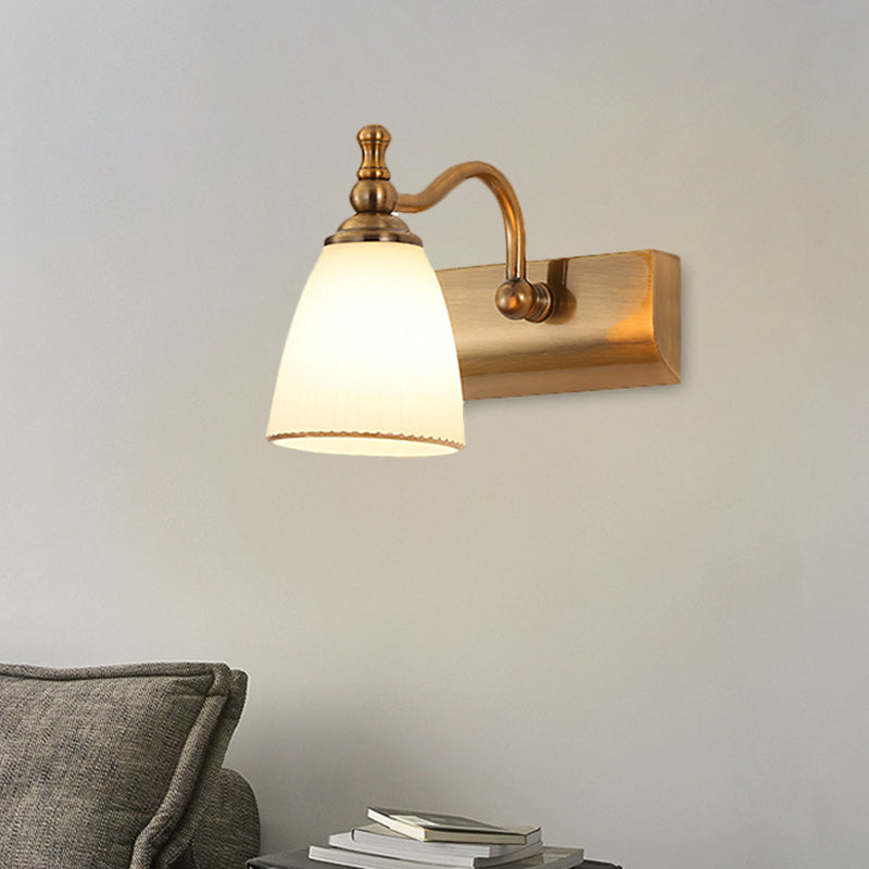 1/2-Bulb Wall Mount Lamp Cottage Bell Shape Frosted Glass Vanity Light Fixture in Brass 1.0 Brass Clearhalo 'Vanity Lights' 'Wall Lights' Lighting' 1616918