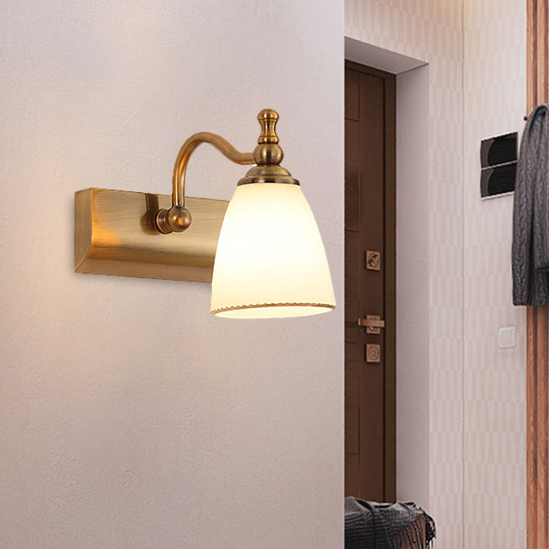 1/2-Bulb Wall Mount Lamp Cottage Bell Shape Frosted Glass Vanity Light Fixture in Brass Clearhalo 'Vanity Lights' 'Wall Lights' Lighting' 1616919