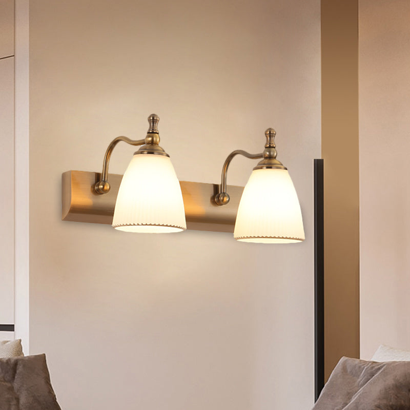 1/2-Bulb Wall Mount Lamp Cottage Bell Shape Frosted Glass Vanity Light Fixture in Brass 2.0 Brass Clearhalo 'Vanity Lights' 'Wall Lights' Lighting' 1616922