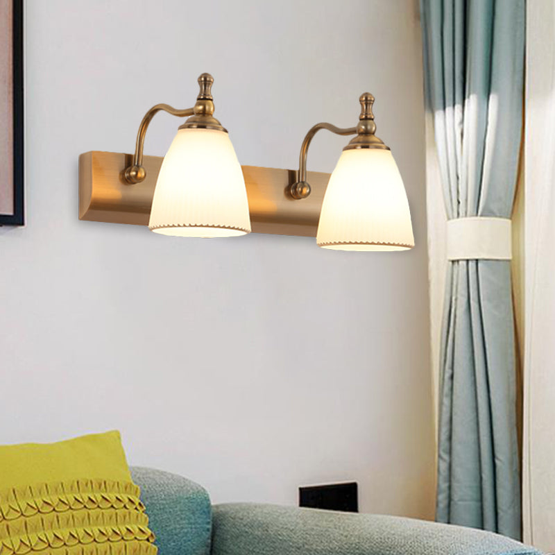 1/2-Bulb Wall Mount Lamp Cottage Bell Shape Frosted Glass Vanity Light Fixture in Brass Clearhalo 'Vanity Lights' 'Wall Lights' Lighting' 1616924