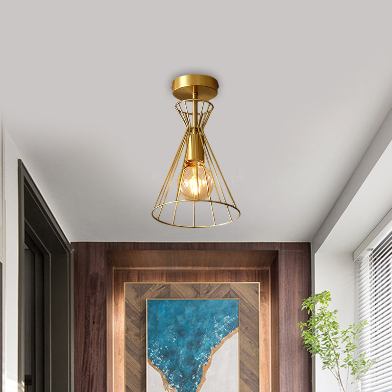 Brass 1-Head Semi Flush Retro Style Metallic Flared Frame Ceiling Light Fixture for Stairway Brass Clearhalo 'Ceiling Lights' 'Close To Ceiling Lights' 'Close to ceiling' 'Semi-flushmount' Lighting' 1616931