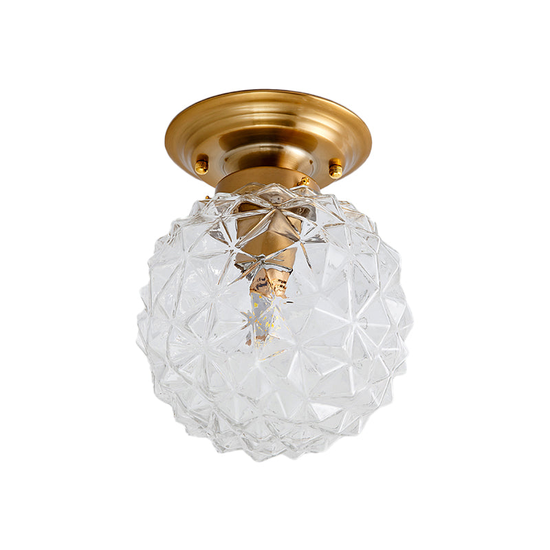 Pine Cone Hallway Ceiling Lamp Countryside Blue/Clear/Smoke Gray Prismatic Glass 1-Head Brass Flush Mount Light Clearhalo 'Ceiling Lights' 'Close To Ceiling Lights' 'Close to ceiling' 'Flush mount' Lighting' 1616941