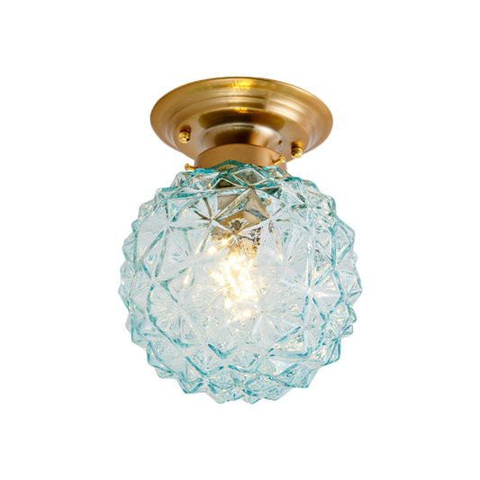 Pine Cone Hallway Ceiling Lamp Countryside Blue/Clear/Smoke Gray Prismatic Glass 1-Head Brass Flush Mount Light Clearhalo 'Ceiling Lights' 'Close To Ceiling Lights' 'Close to ceiling' 'Flush mount' Lighting' 1616949