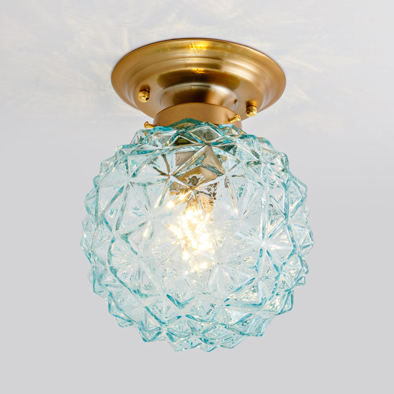 Pine Cone Hallway Ceiling Lamp Countryside Blue/Clear/Smoke Gray Prismatic Glass 1-Head Brass Flush Mount Light Clearhalo 'Ceiling Lights' 'Close To Ceiling Lights' 'Close to ceiling' 'Flush mount' Lighting' 1616950