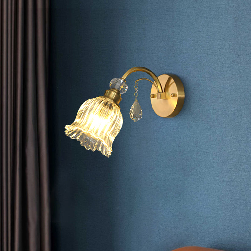 Warehouse Flower Wall Light 1-Bulb Clear Fluted Glass Wall Mounted Lamp with Crystal Drop Decor in Brass Brass Clearhalo 'Wall Lamps & Sconces' 'Wall Lights' Lighting' 1616969