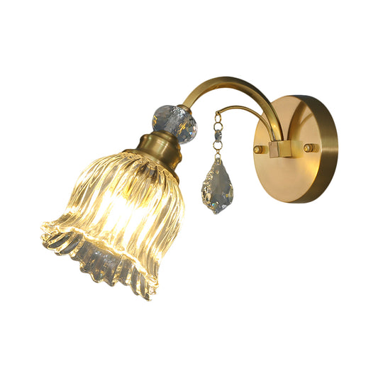 Warehouse Flower Wall Light 1-Bulb Clear Fluted Glass Wall Mounted Lamp with Crystal Drop Decor in Brass Clearhalo 'Wall Lamps & Sconces' 'Wall Lights' Lighting' 1616971