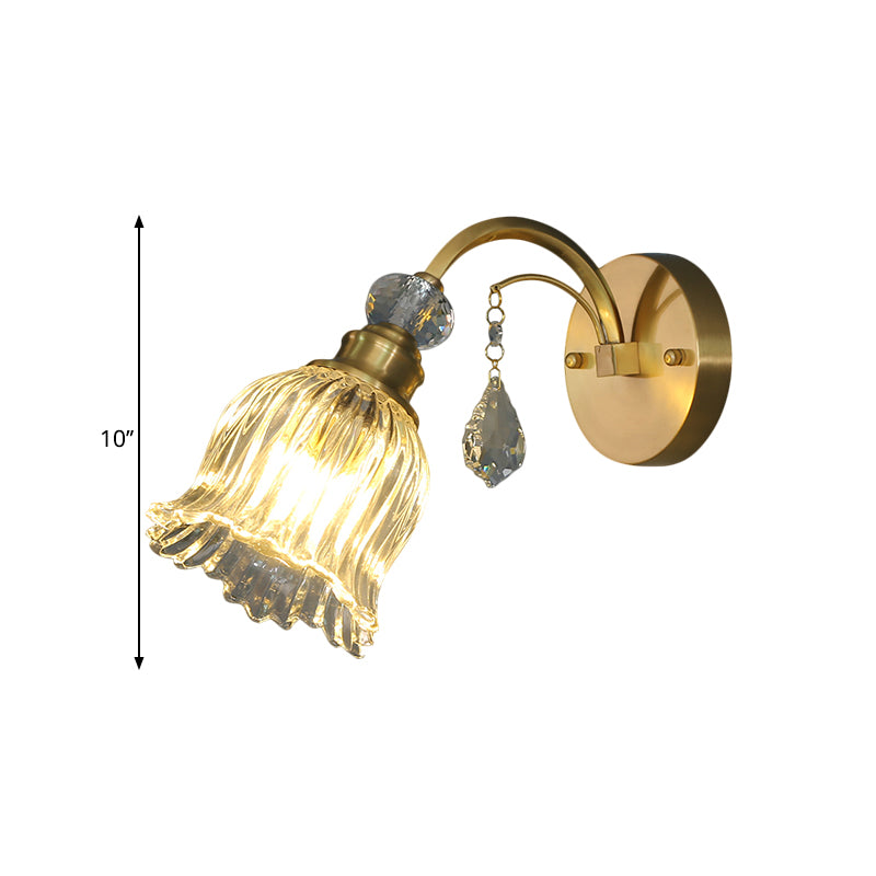 Warehouse Flower Wall Light 1-Bulb Clear Fluted Glass Wall Mounted Lamp with Crystal Drop Decor in Brass Clearhalo 'Wall Lamps & Sconces' 'Wall Lights' Lighting' 1616972