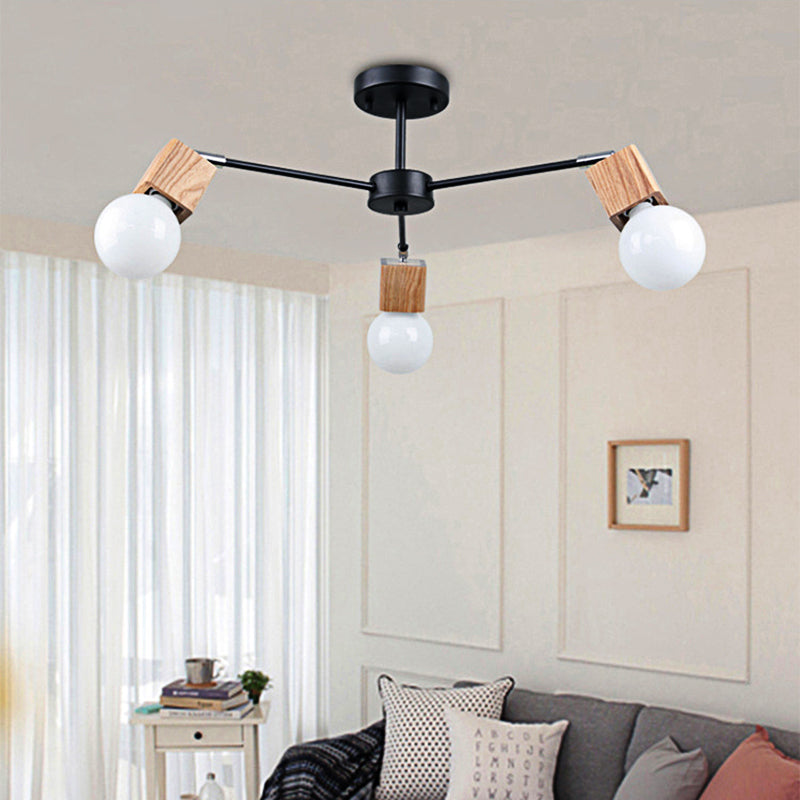 3/5-Light Ceiling Lamp Loft Industrial Open Bulb Metal Semi Flush Light in Wood for Bedroom 3 Wood Clearhalo 'Ceiling Lights' 'Close To Ceiling Lights' 'Close to ceiling' 'Semi-flushmount' Lighting' 161700