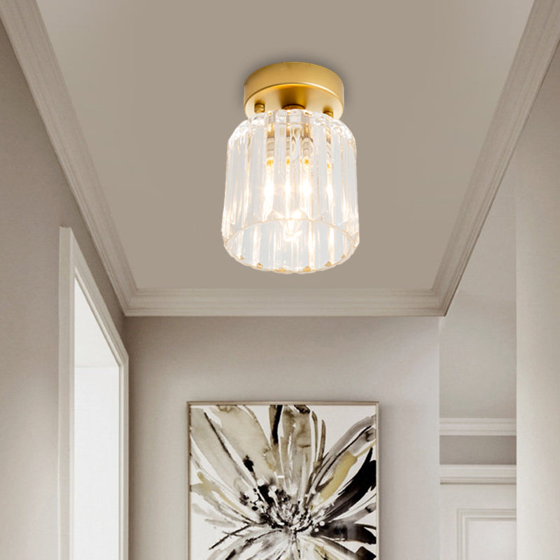 Farmhouse Cylindrical Ceiling Flush Single Head Clear Ridged Glass Flush Light Fixture in Brass Clearhalo 'Ceiling Lights' 'Close To Ceiling Lights' 'Close to ceiling' 'Flush mount' Lighting' 1617010