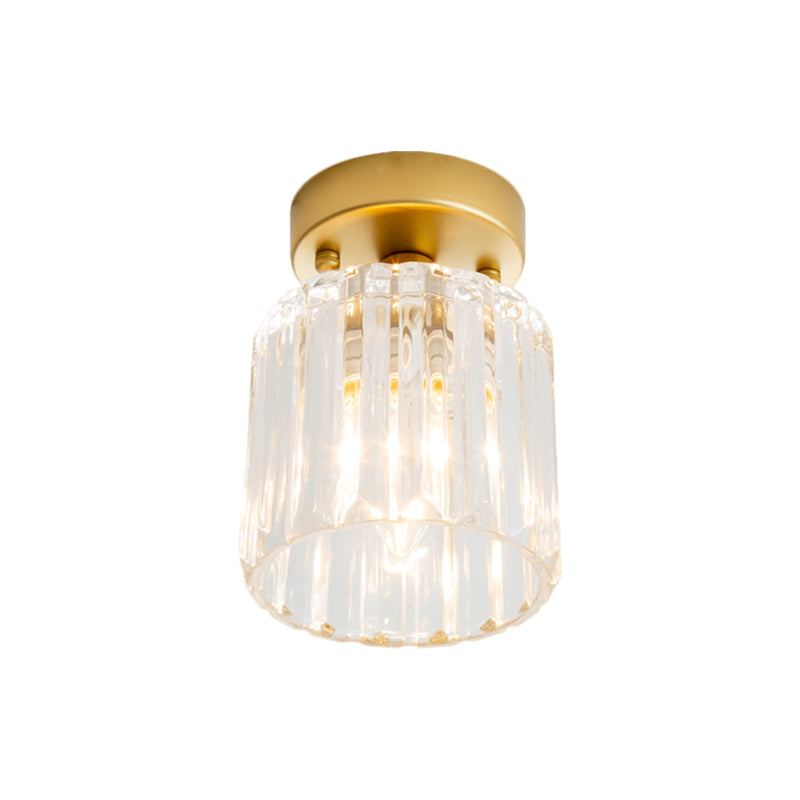 Farmhouse Cylindrical Ceiling Flush Single Head Clear Ridged Glass Flush Light Fixture in Brass Clearhalo 'Ceiling Lights' 'Close To Ceiling Lights' 'Close to ceiling' 'Flush mount' Lighting' 1617011