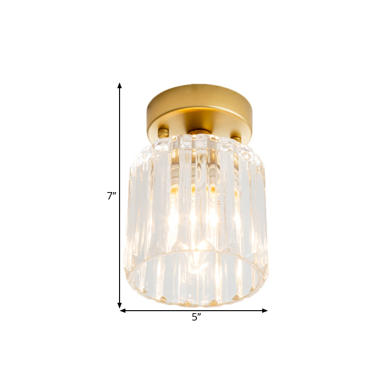 Farmhouse Cylindrical Ceiling Flush Single Head Clear Ridged Glass Flush Light Fixture in Brass Clearhalo 'Ceiling Lights' 'Close To Ceiling Lights' 'Close to ceiling' 'Flush mount' Lighting' 1617012