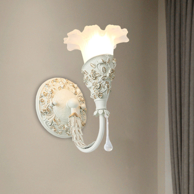 Blossom Bedroom Sconce Light Farmhouse Frosted Glass 1-Bulb Silver/Ivory Curved Arm Wall Mount Lamp with Crystal Drop Decor Ivory Clearhalo 'Wall Lamps & Sconces' 'Wall Lights' Lighting' 1617013