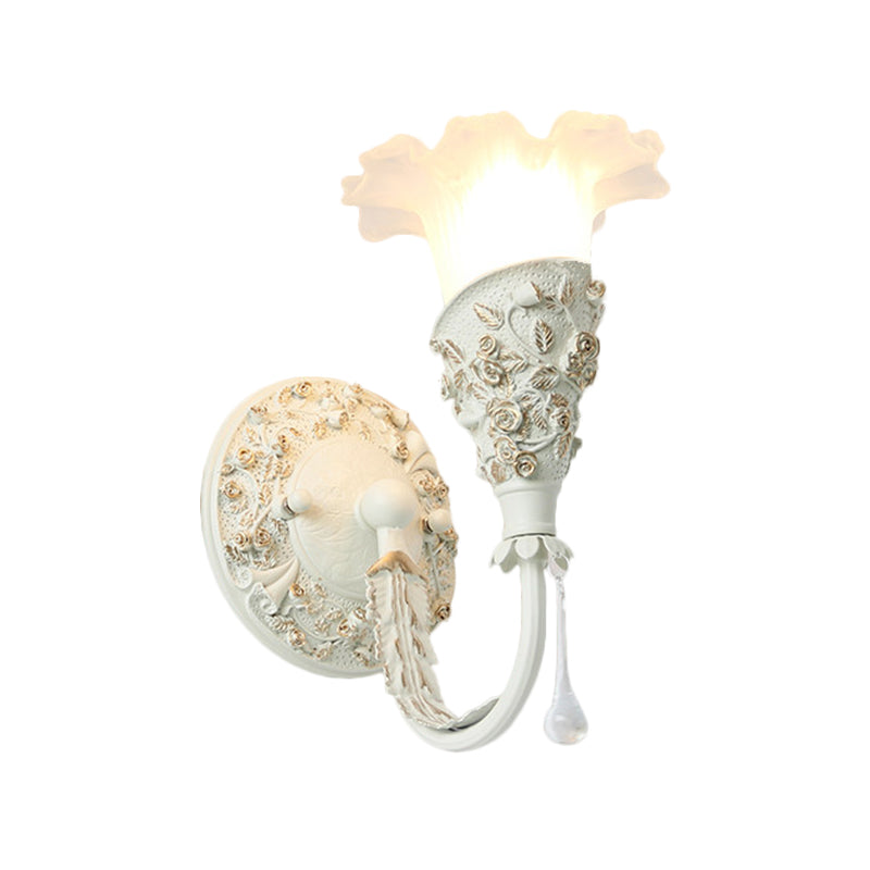 Blossom Bedroom Sconce Light Farmhouse Frosted Glass 1-Bulb Silver/Ivory Curved Arm Wall Mount Lamp with Crystal Drop Decor Clearhalo 'Wall Lamps & Sconces' 'Wall Lights' Lighting' 1617015